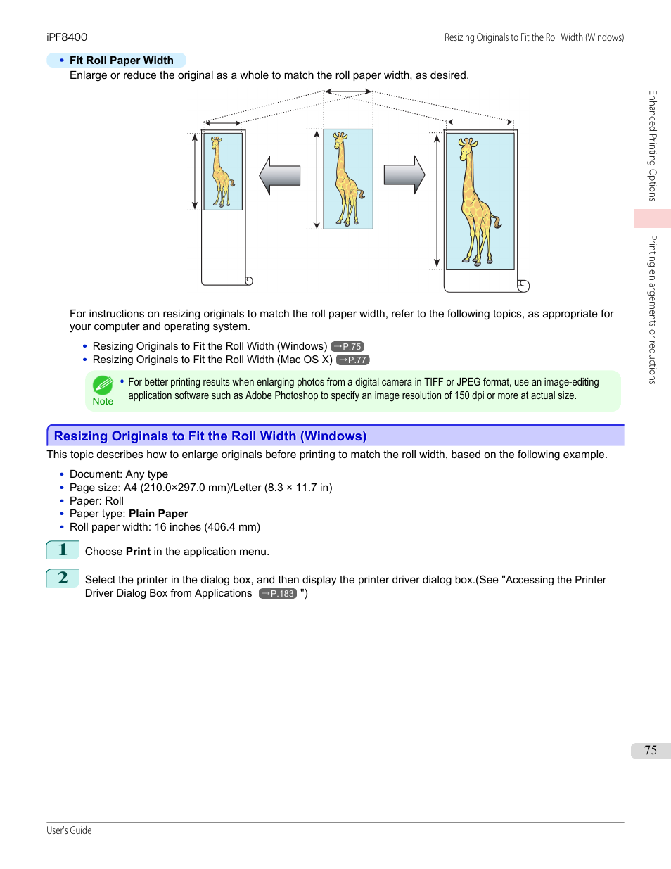 Resizing originals to fit the roll width (windows) | Canon imagePROGRAF iPF8400 User Manual | Page 75 / 1046