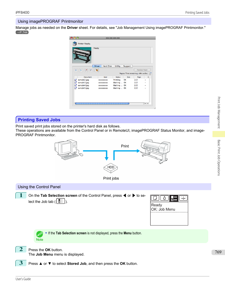 Printing saved jobs | Canon imagePROGRAF iPF8400 User Manual | Page 769 / 1046
