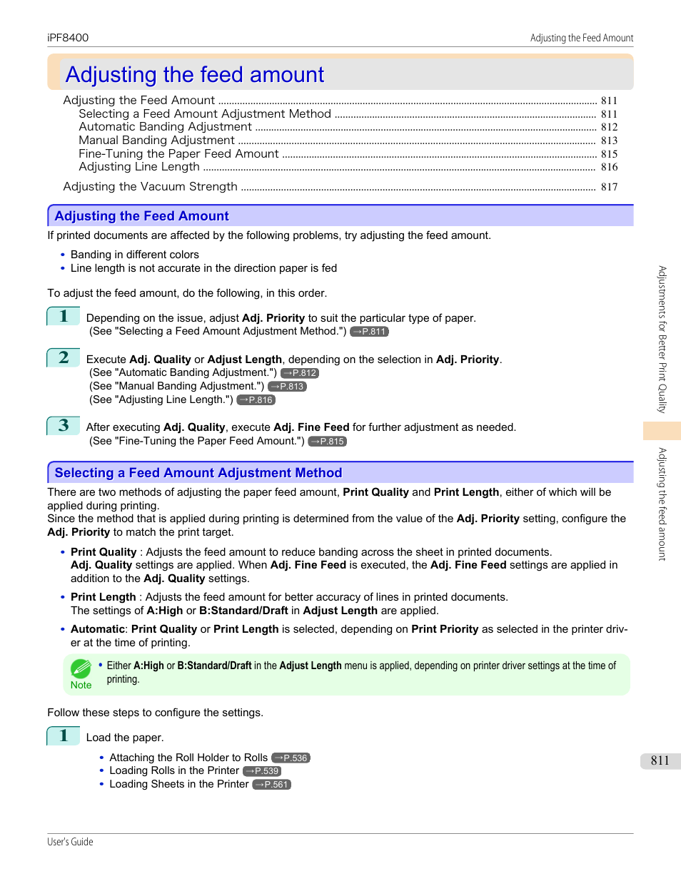 Adjusting the feed amount, Selecting a feed amount adjustment method, See "adjusting the feed amount.") | P.811 | Canon imagePROGRAF iPF8400 User Manual | Page 811 / 1046