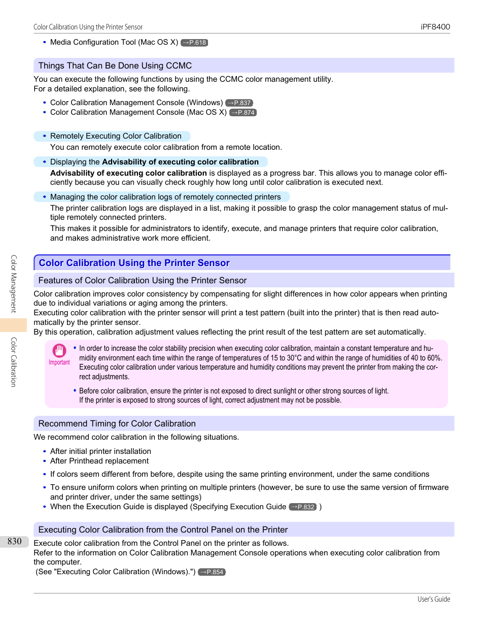 Color calibration using the printer sensor, See "color calibration using the printer sensor."), P.830 | Canon imagePROGRAF iPF8400 User Manual | Page 830 / 1046