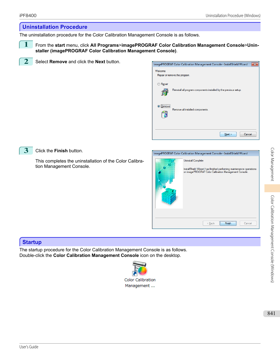 Uninstallation procedure, Startup | Canon imagePROGRAF iPF8400 User Manual | Page 841 / 1046