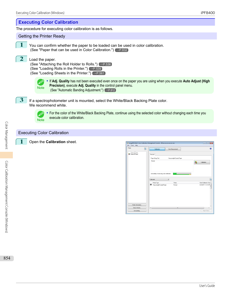 Executing color calibration, See "executing color calibration (windows)."), P.854 | See "executing color calibration | Canon imagePROGRAF iPF8400 User Manual | Page 854 / 1046