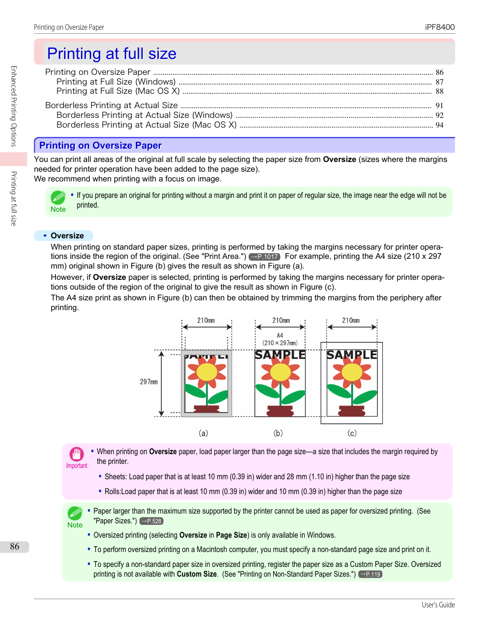Printing at full size, Printing on oversize paper | Canon imagePROGRAF iPF8400 User Manual | Page 86 / 1046