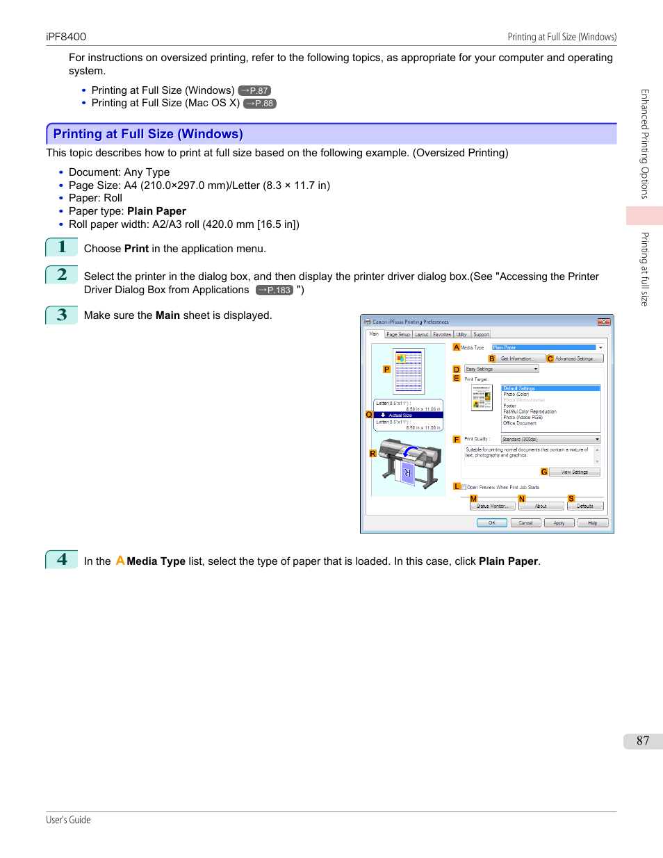 Printing at full size (windows) | Canon imagePROGRAF iPF8400 User Manual | Page 87 / 1046