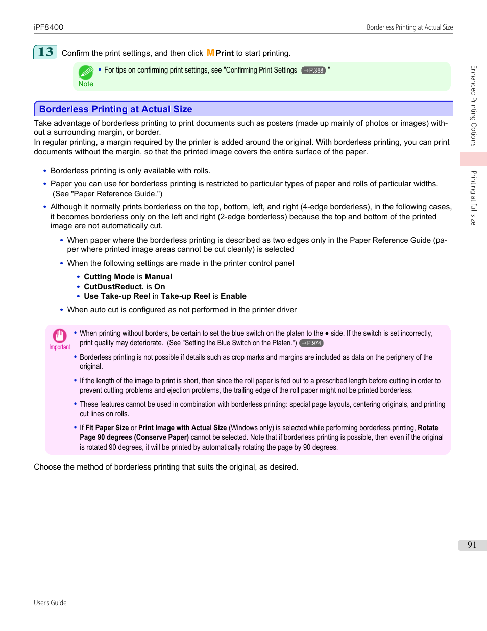 Borderless printing at actual size, See "borderless printing at actual size."), P.91 | Canon imagePROGRAF iPF8400 User Manual | Page 91 / 1046