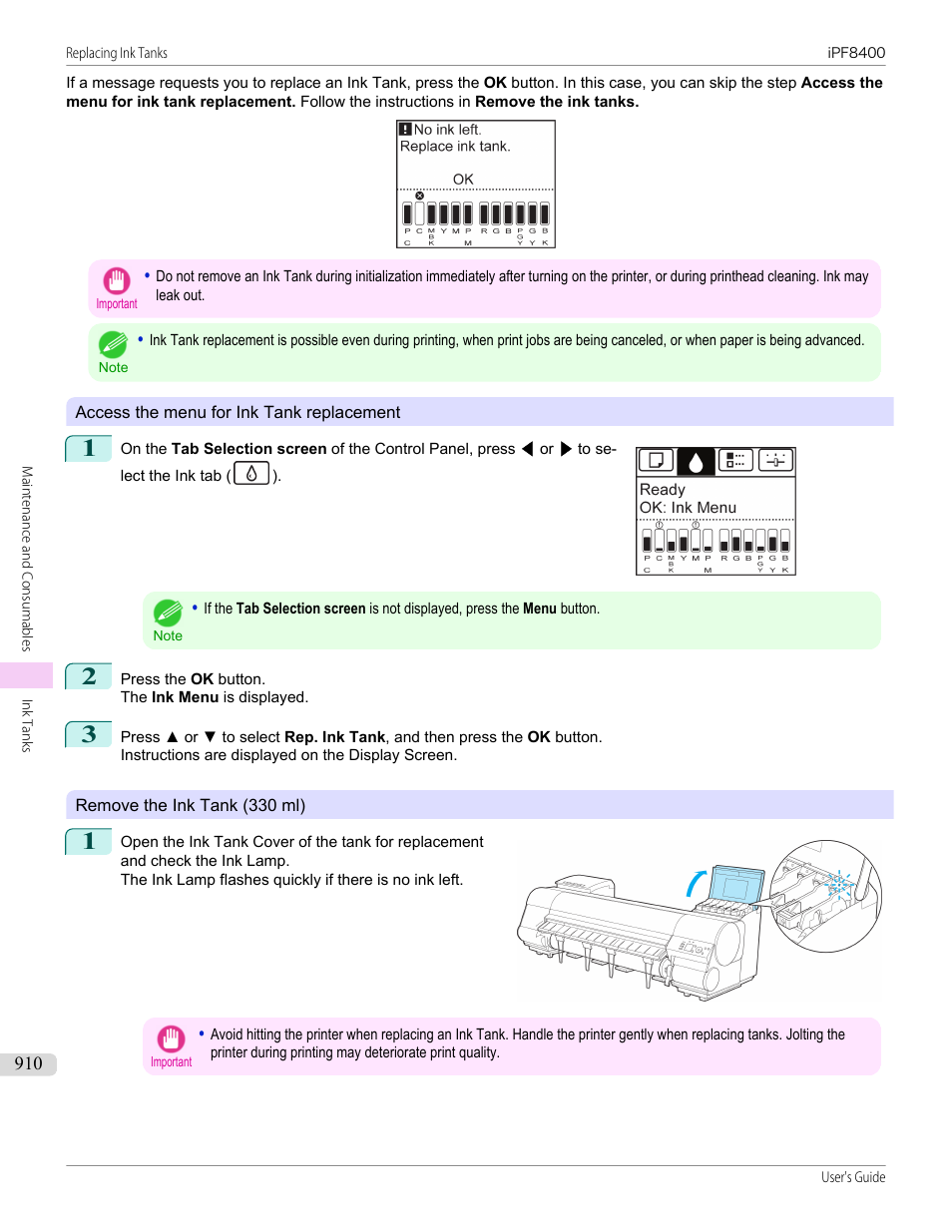 Access the menu for ink tank replacement, P.910, 330 ml ink tanks | Canon imagePROGRAF iPF8400 User Manual | Page 910 / 1046