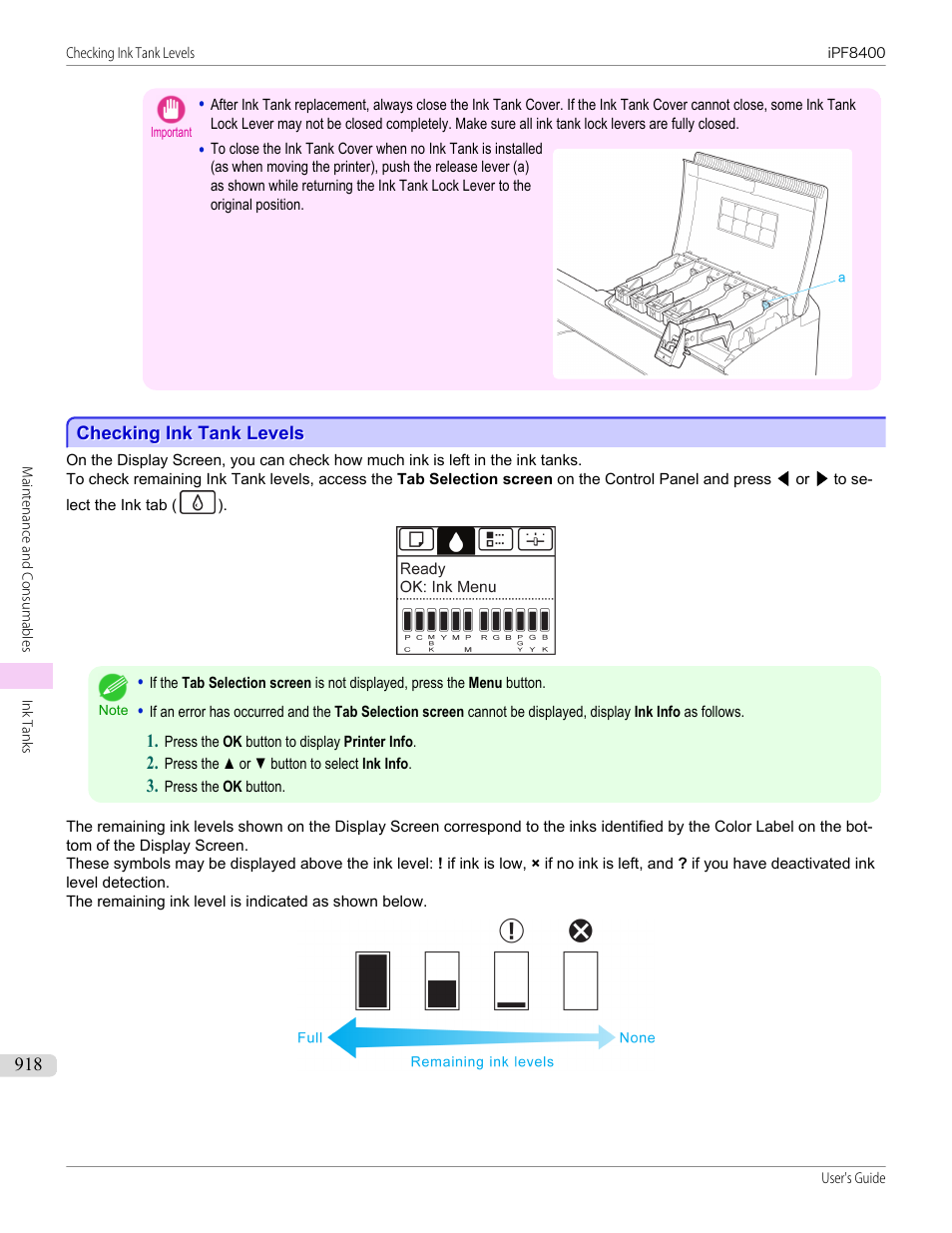 Checking ink tank levels, See "checking ink tank levels."), P.918 | Canon imagePROGRAF iPF8400 User Manual | Page 918 / 1046