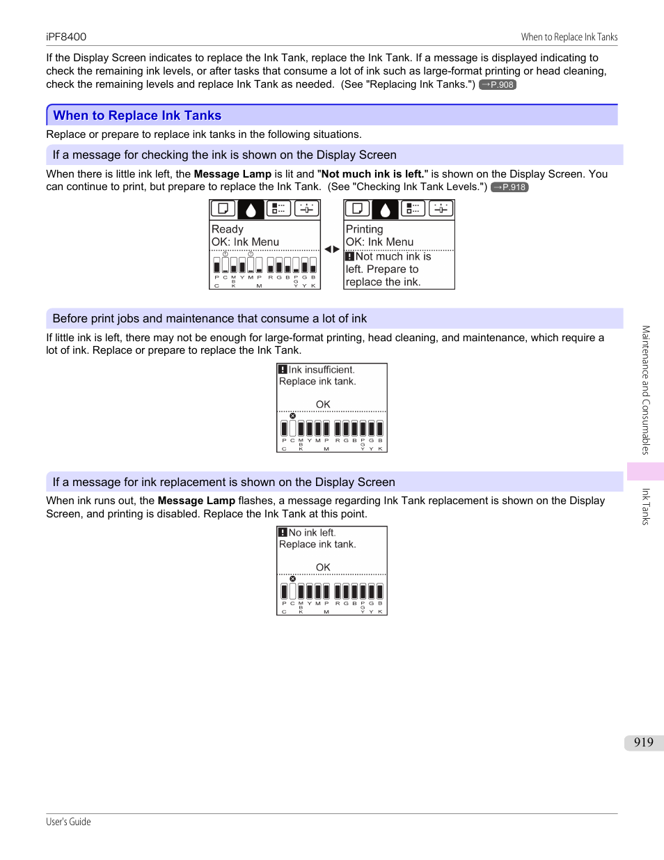 When to replace ink tanks, P.919 | Canon imagePROGRAF iPF8400 User Manual | Page 919 / 1046