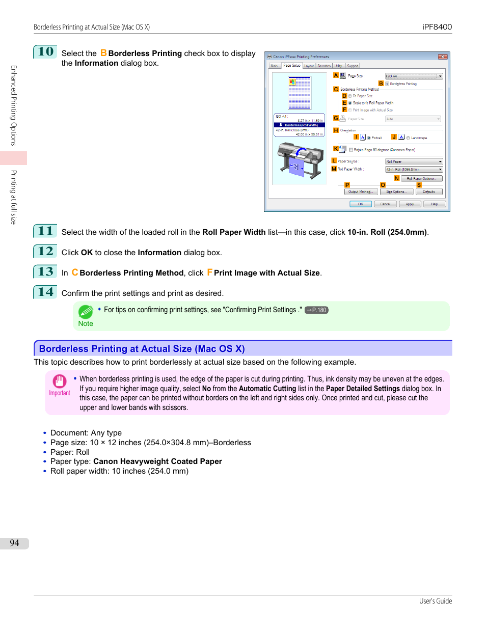 Borderless printing at actual size (mac os x), P.94 | Canon imagePROGRAF iPF8400 User Manual | Page 94 / 1046