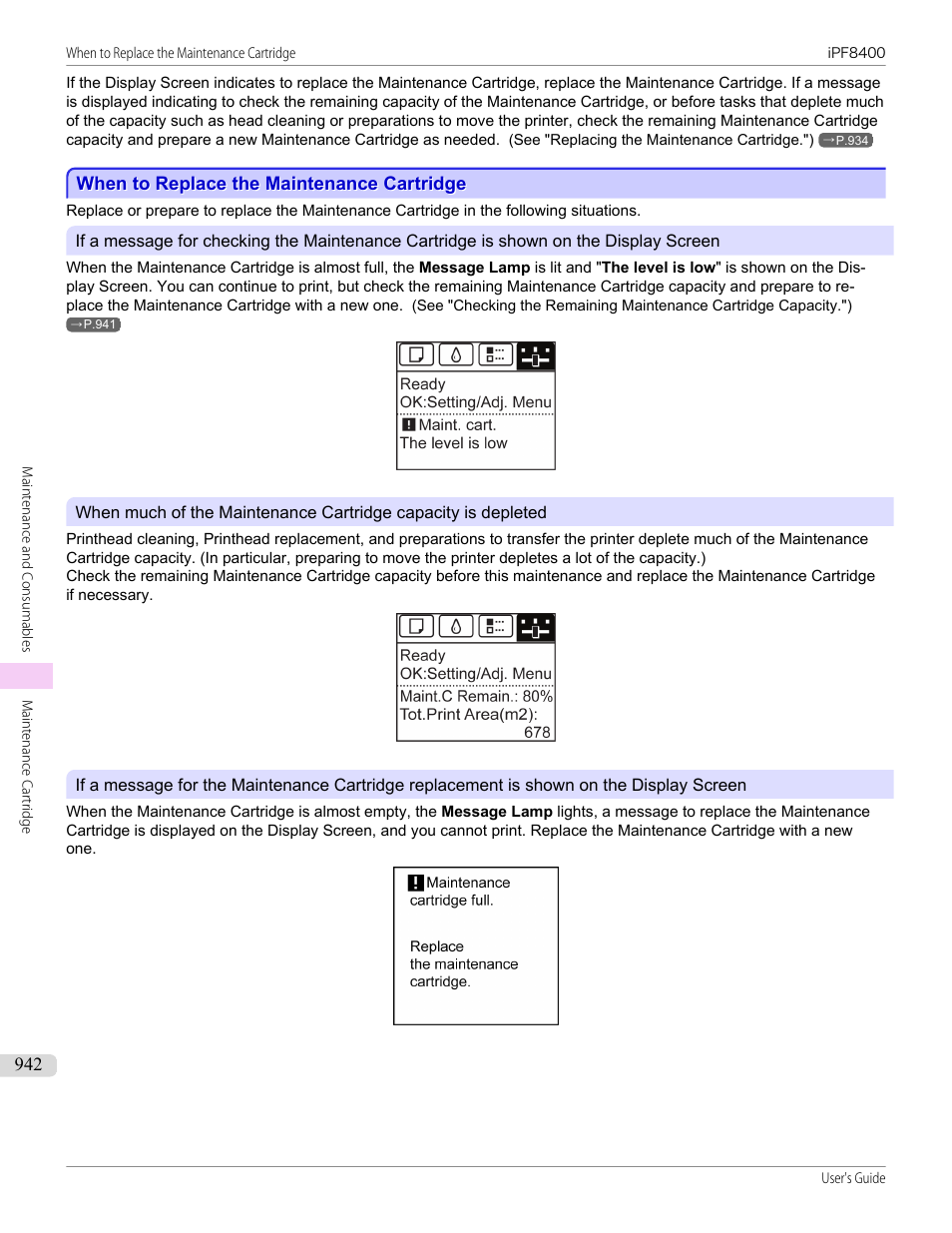 When to replace the maintenance cartridge | Canon imagePROGRAF iPF8400 User Manual | Page 942 / 1046