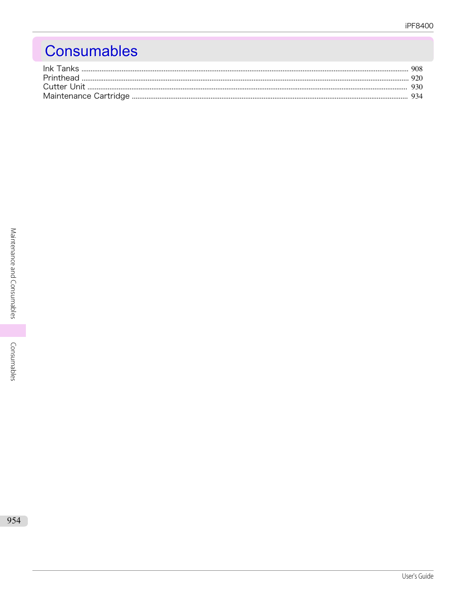 Consumables | Canon imagePROGRAF iPF8400 User Manual | Page 954 / 1046