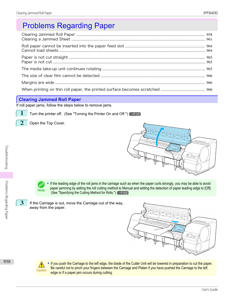 Problems regarding paper, Clearing jammed roll paper | Canon imagePROGRAF iPF8400 User Manual | Page 958 / 1046