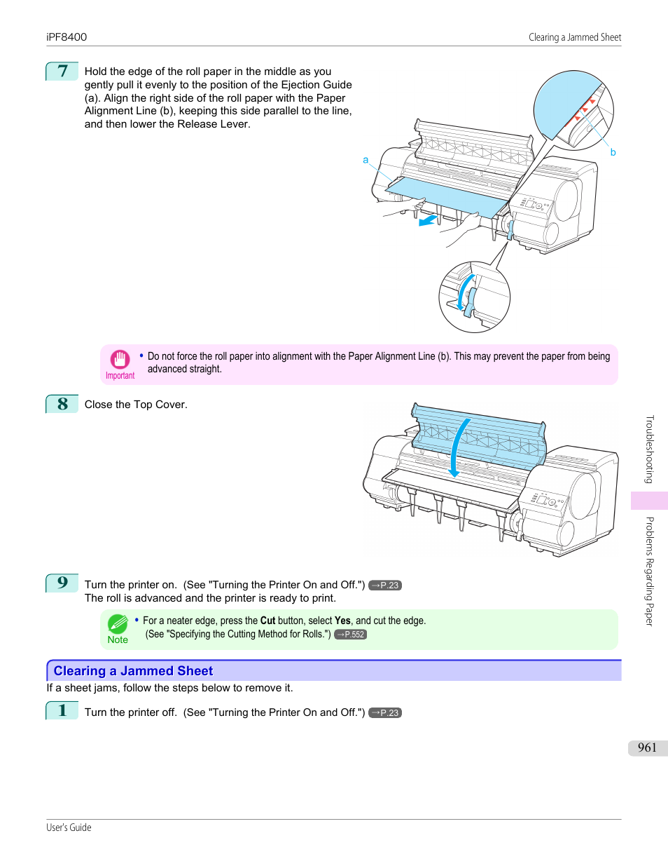 Clearing a jammed sheet | Canon imagePROGRAF iPF8400 User Manual | Page 961 / 1046