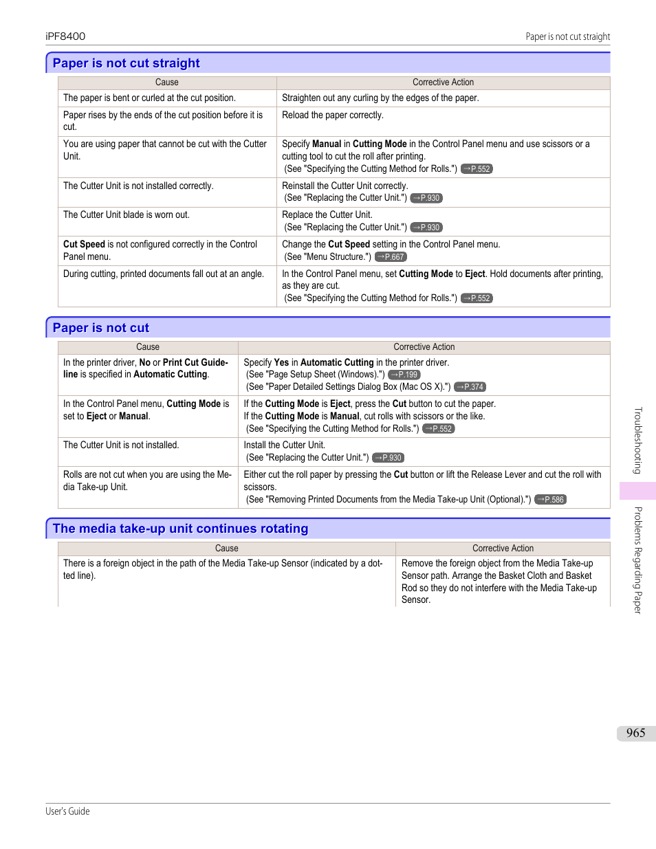 Paper is not cut straight, Paper is not cut, The media take-up unit continues rotating | Canon imagePROGRAF iPF8400 User Manual | Page 965 / 1046