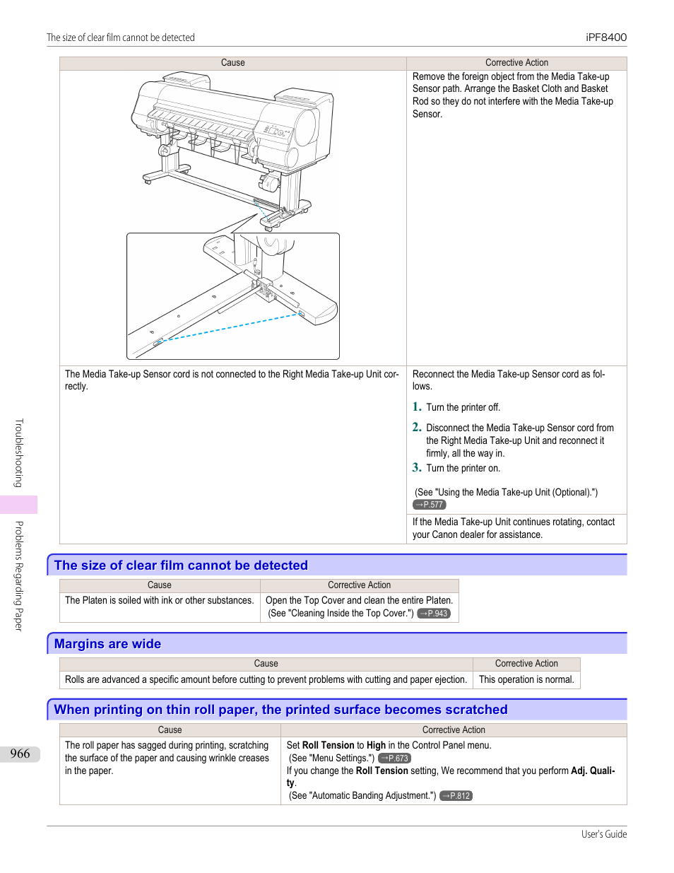 The size of clear film cannot be detected, Margins are wide | Canon imagePROGRAF iPF8400 User Manual | Page 966 / 1046