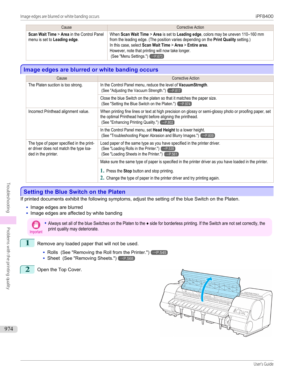 Image edges are blurred or white banding occurs, Setting the blue switch on the platen, See "setting the blue switch on the platen.") | P.974 | Canon imagePROGRAF iPF8400 User Manual | Page 974 / 1046