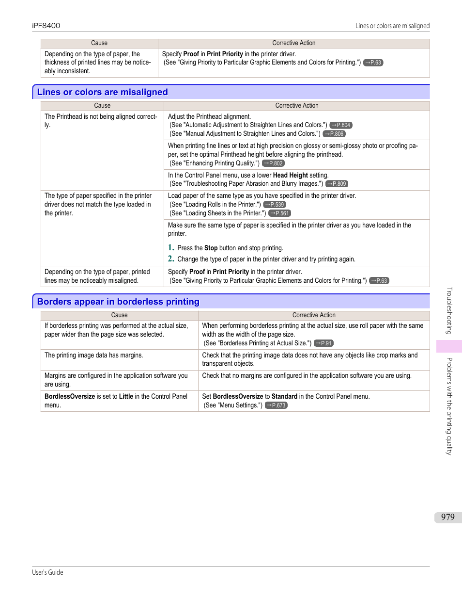 Lines or colors are misaligned, Borders appear in borderless printing | Canon imagePROGRAF iPF8400 User Manual | Page 979 / 1046