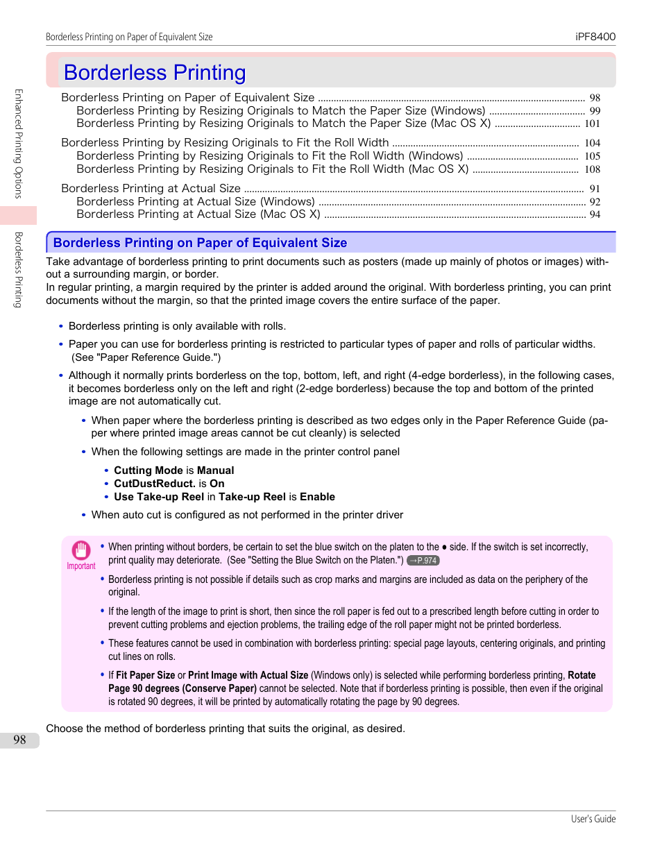 Borderless printing, Borderless printing on paper of equivalent size, P.98 | Canon imagePROGRAF iPF8400 User Manual | Page 98 / 1046
