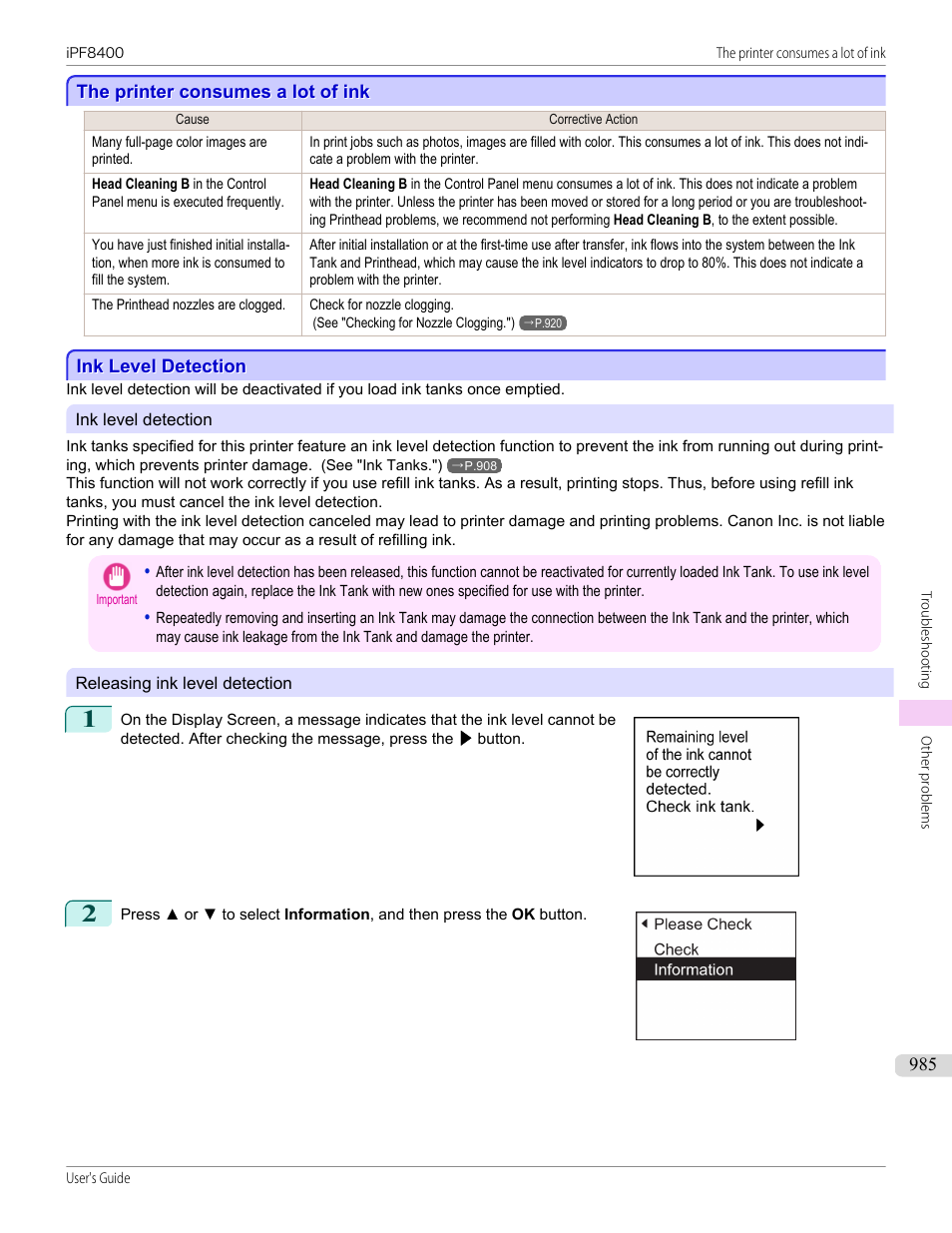 The printer consumes a lot of ink, Ink level detection | Canon imagePROGRAF iPF8400 User Manual | Page 985 / 1046