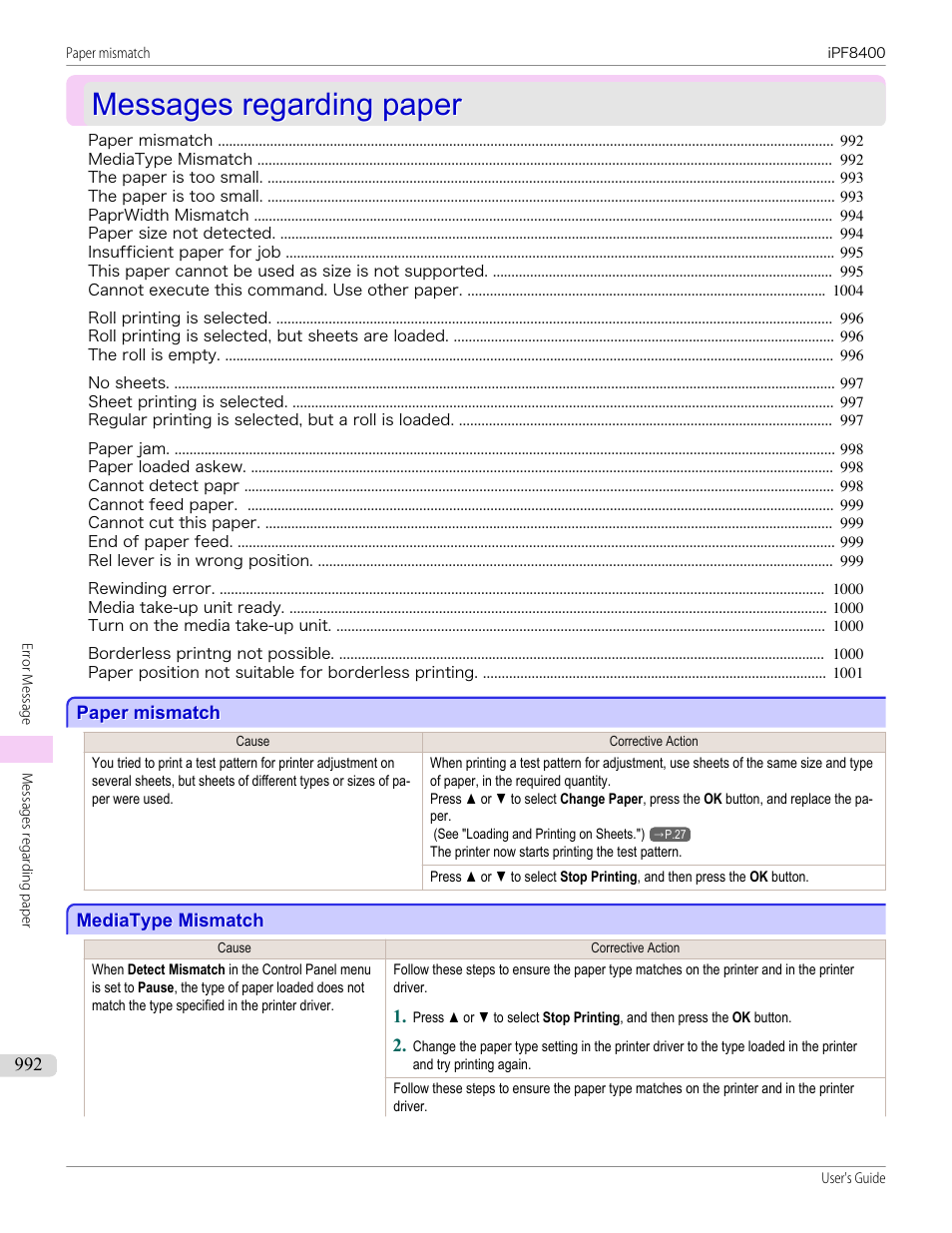 Messages regarding paper, Paper mismatch, Mediatype mismatch | Paper mismatch mediatype mismatch | Canon imagePROGRAF iPF8400 User Manual | Page 992 / 1046
