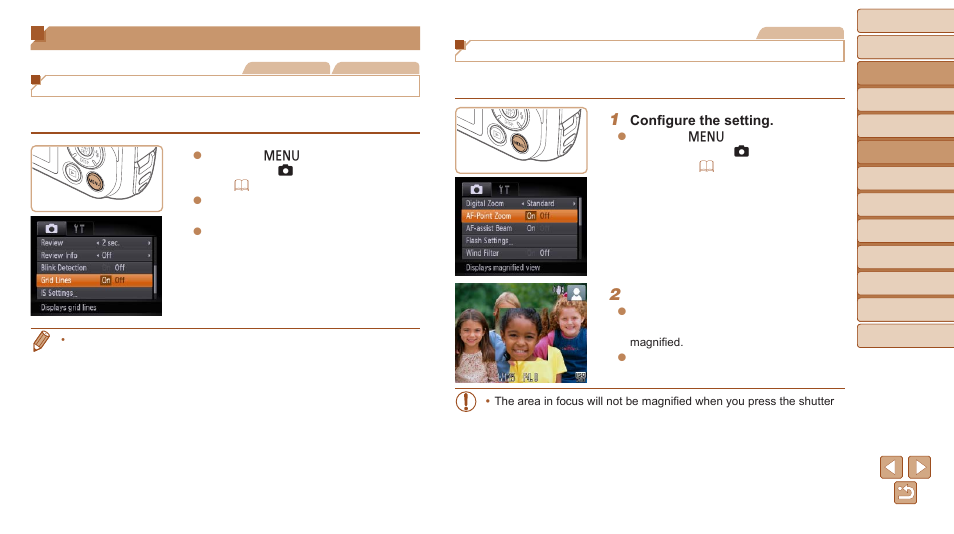 Helpful shooting features, Displaying grid lines, Magnifying the area in focus | Canon PowerShot D30 User Manual | Page 46 / 153