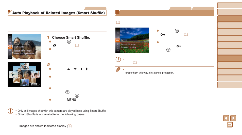 Protecting images, The movie is protected, Auto playback of related images | Smart shuffle), All images in search] in “protecting images, Erasing multiple images at once, Auto playback of related images (smart shuffle) | Canon PowerShot D30 User Manual | Page 87 / 153