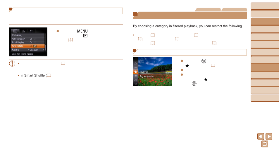 Image categories, Deactivating auto rotation, Tagging images as favorites | Canon PowerShot D30 User Manual | Page 94 / 153