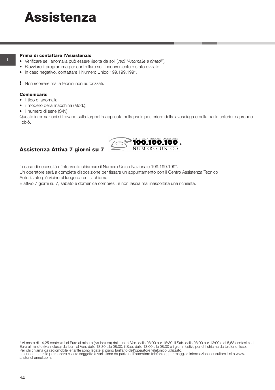 Assistenza | Hotpoint Ariston CAWD 129 EU User Manual | Page 14 / 72