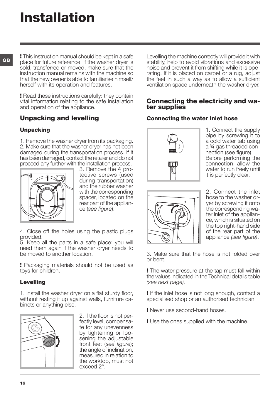 Installation | Hotpoint Ariston CAWD 129 EU User Manual | Page 16 / 72