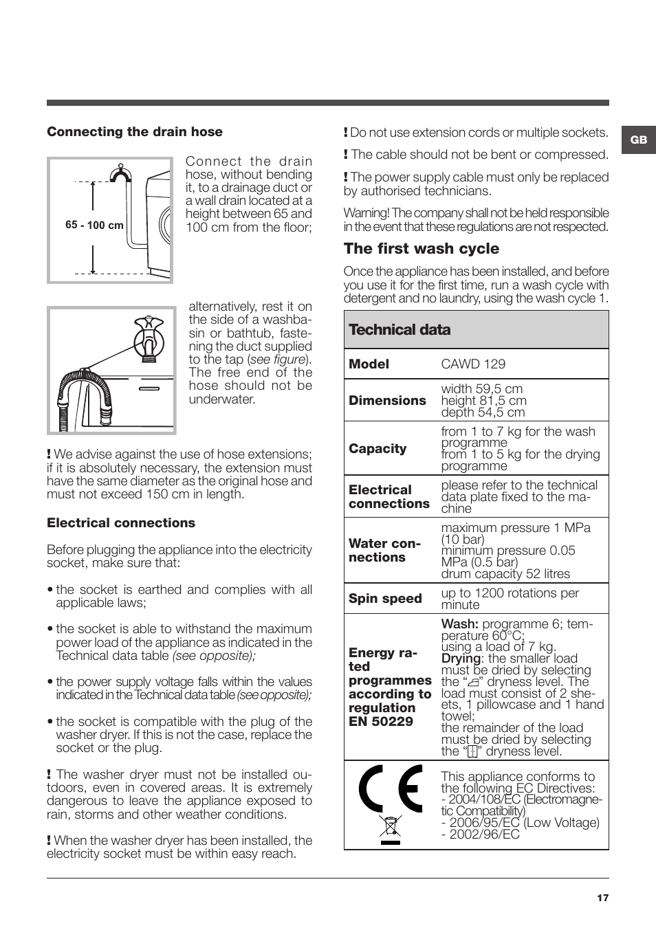 Hotpoint Ariston CAWD 129 EU User Manual | Page 17 / 72