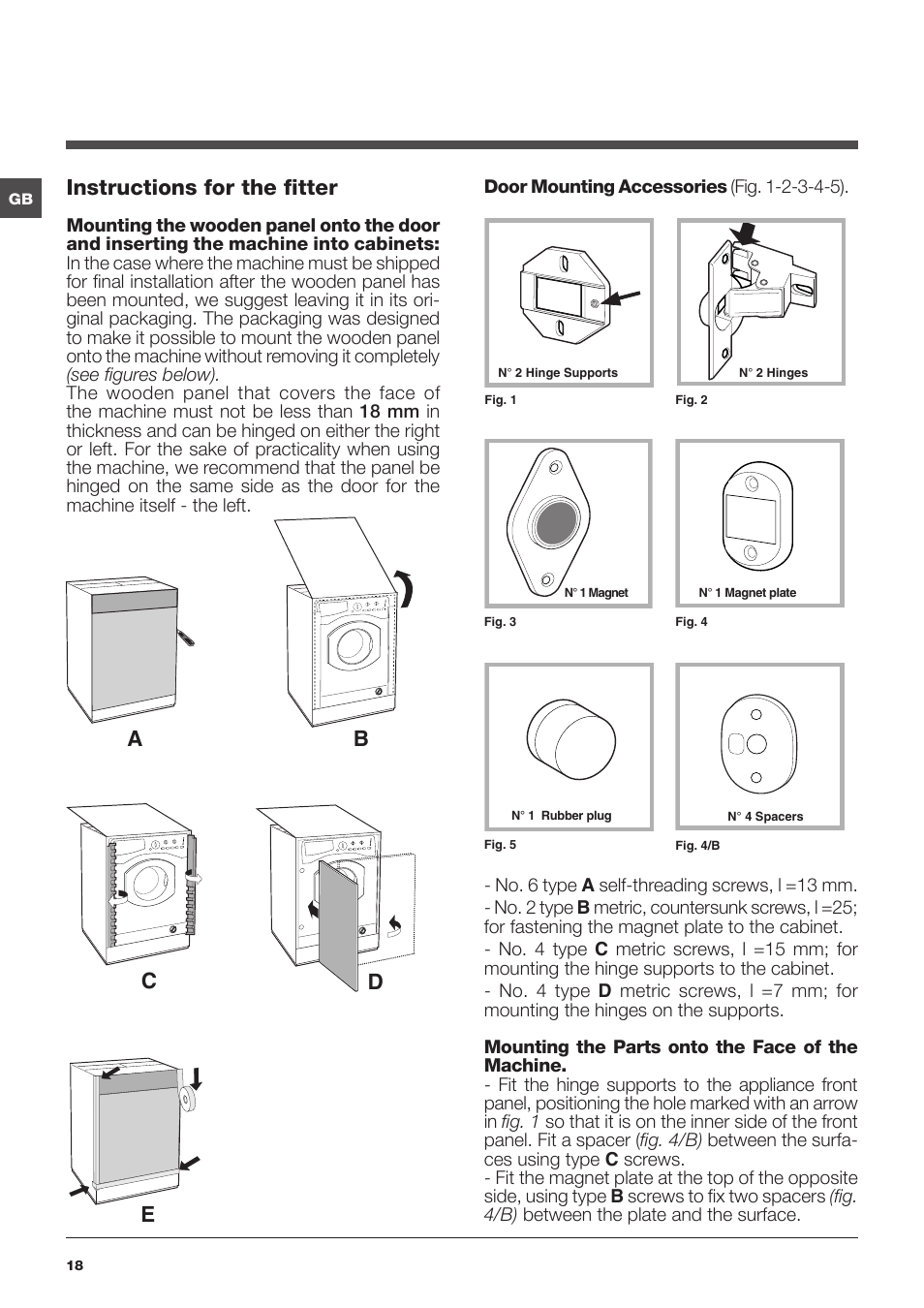 Ab c d e, Instructions for the fitter | Hotpoint Ariston CAWD 129 EU User Manual | Page 18 / 72