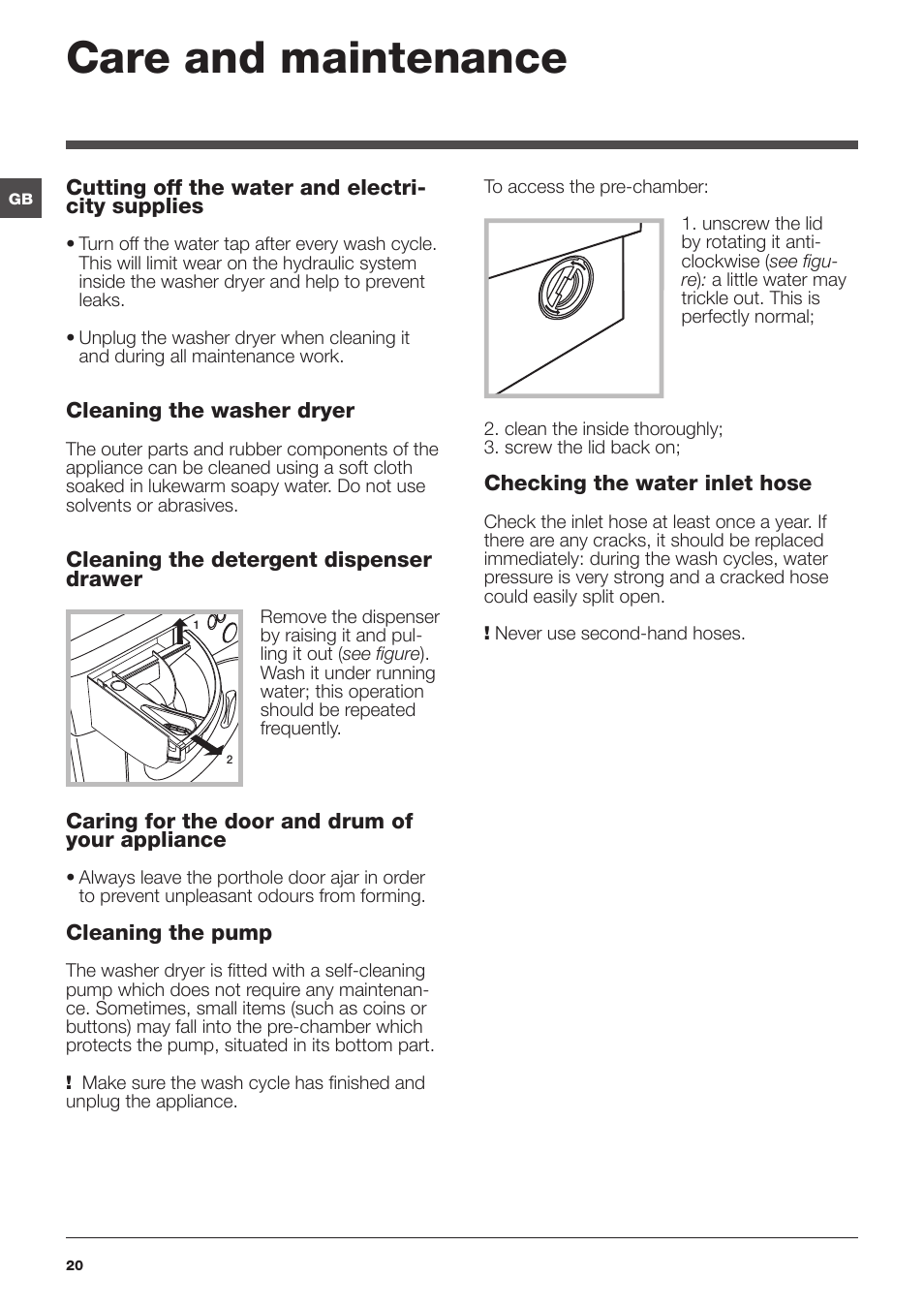 Care and maintenance | Hotpoint Ariston CAWD 129 EU User Manual | Page 20 / 72