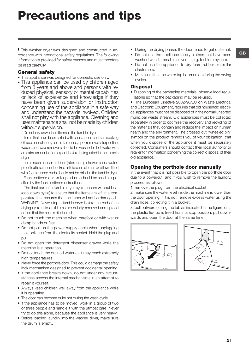 Precautions and tips | Hotpoint Ariston CAWD 129 EU User Manual | Page 21 / 72