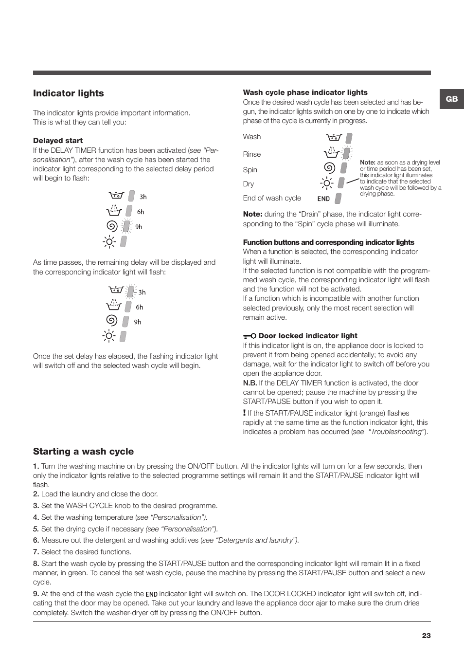 Indicator lights, Starting a wash cycle | Hotpoint Ariston CAWD 129 EU User Manual | Page 23 / 72
