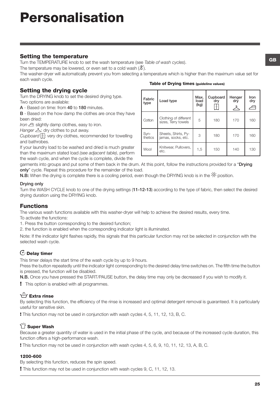 Personalisation, Setting the temperature, Setting the drying cycle | Functions | Hotpoint Ariston CAWD 129 EU User Manual | Page 25 / 72