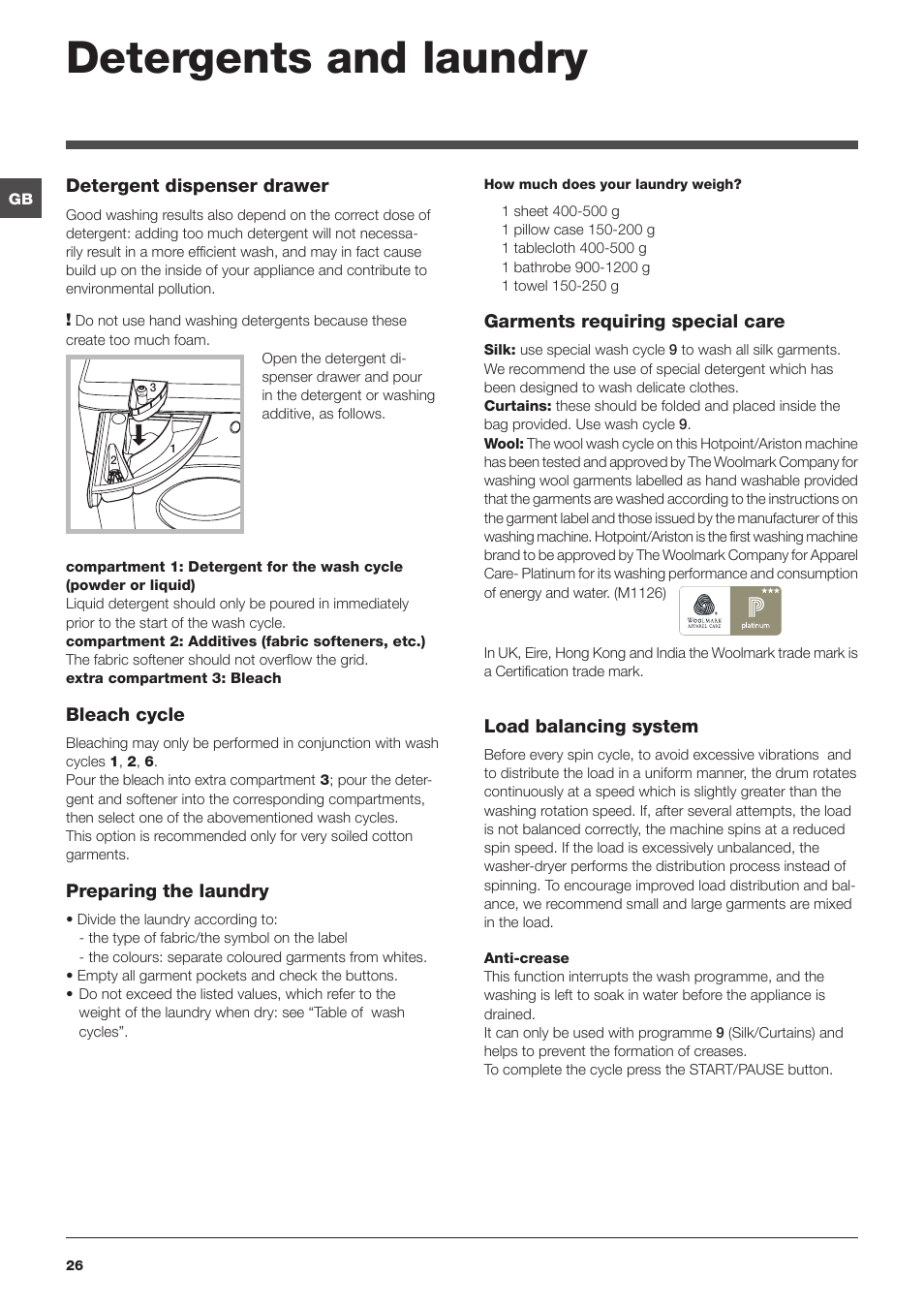 Detergents and laundry | Hotpoint Ariston CAWD 129 EU User Manual | Page 26 / 72