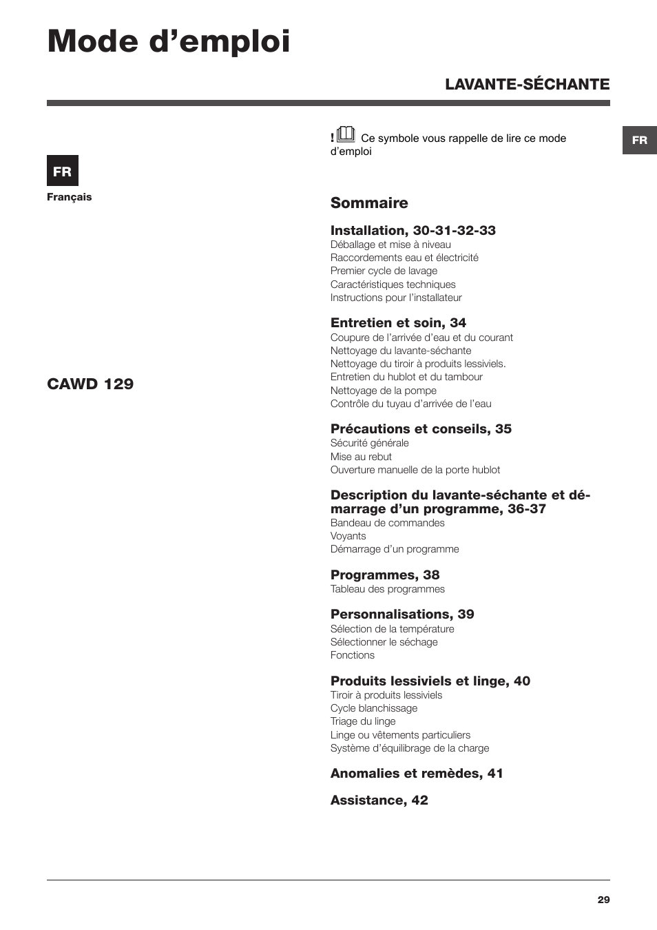 Mode d’emploi, Sommaire, Cawd 129 | Lavante-séchante | Hotpoint Ariston CAWD 129 EU User Manual | Page 29 / 72