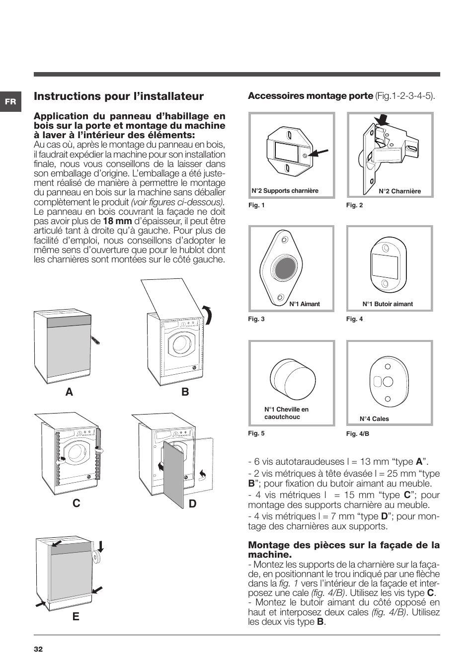 Ab c d e, Instructions pour l’installateur | Hotpoint Ariston CAWD 129 EU User Manual | Page 32 / 72