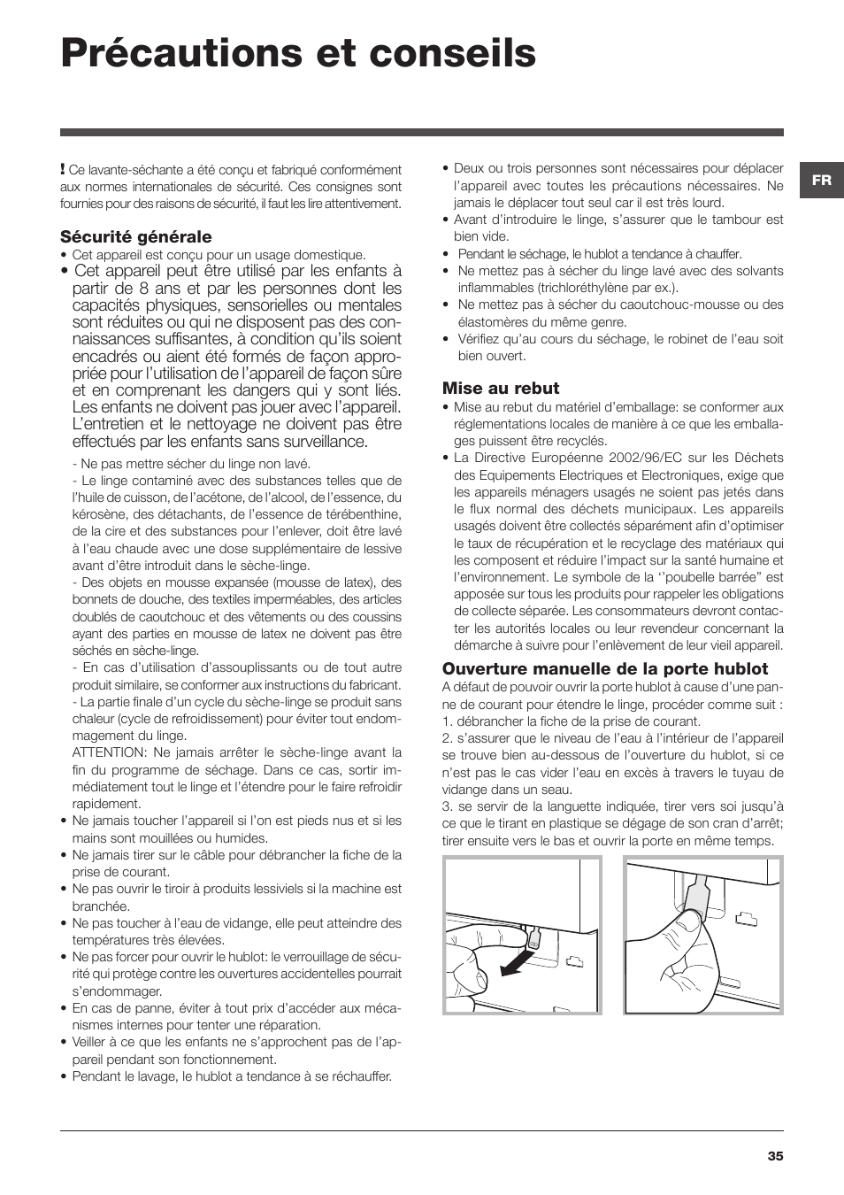 Précautions et conseils | Hotpoint Ariston CAWD 129 EU User Manual | Page 35 / 72