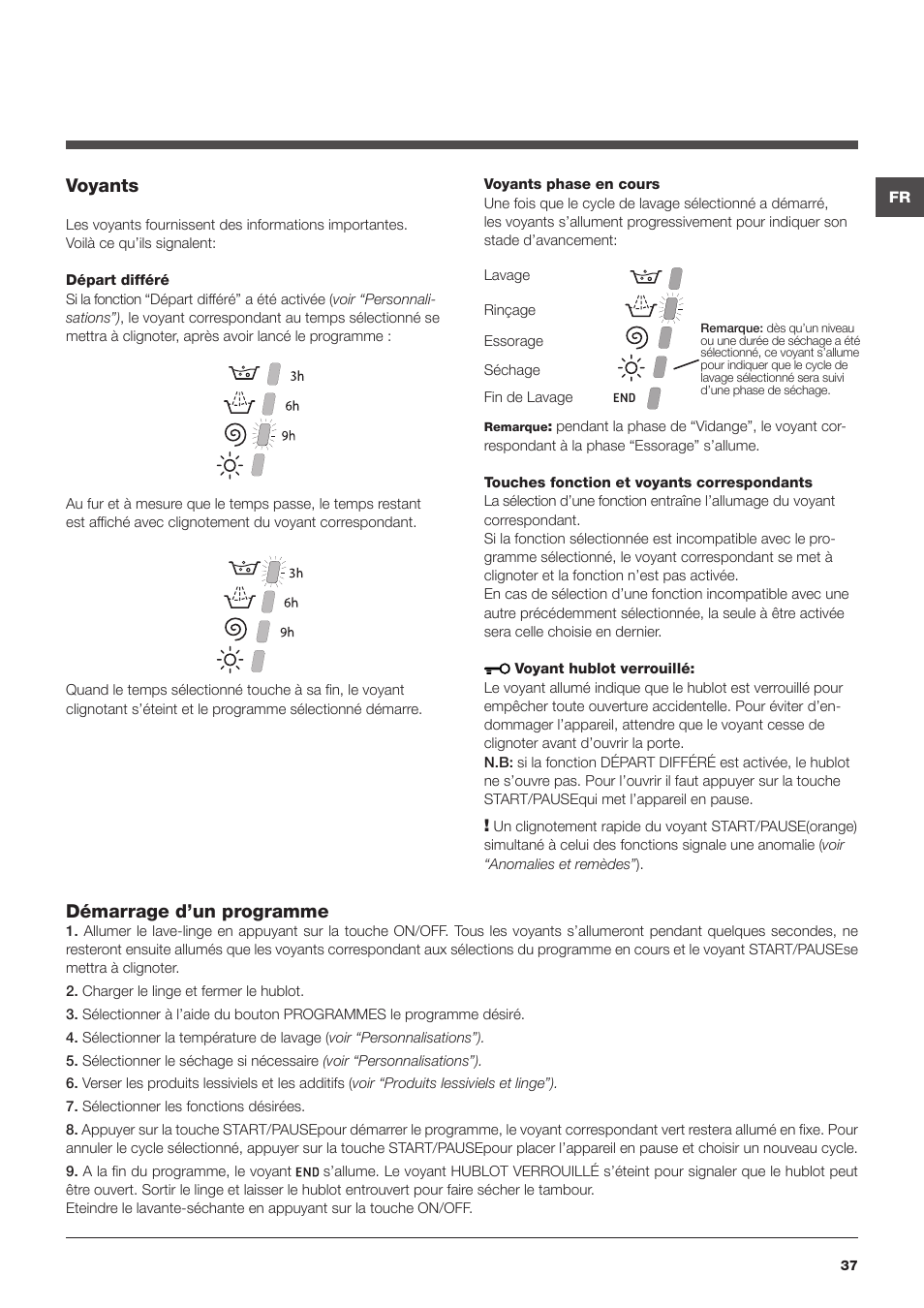 Voyants, Démarrage d’un programme | Hotpoint Ariston CAWD 129 EU User Manual | Page 37 / 72