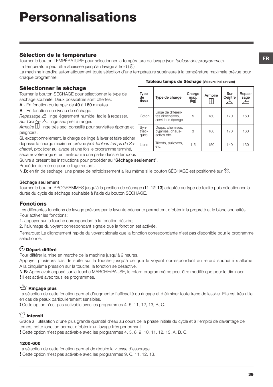 Personnalisations, Sélection de la température, Sélectionner le séchage | Fonctions | Hotpoint Ariston CAWD 129 EU User Manual | Page 39 / 72