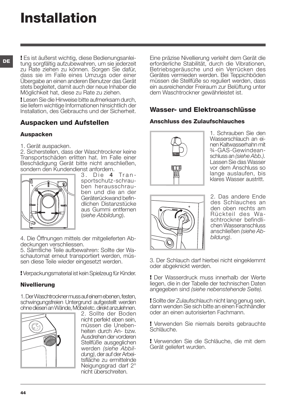 Installation | Hotpoint Ariston CAWD 129 EU User Manual | Page 44 / 72