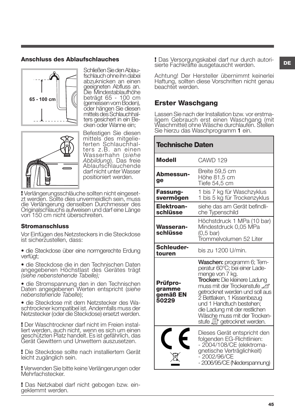 Hotpoint Ariston CAWD 129 EU User Manual | Page 45 / 72