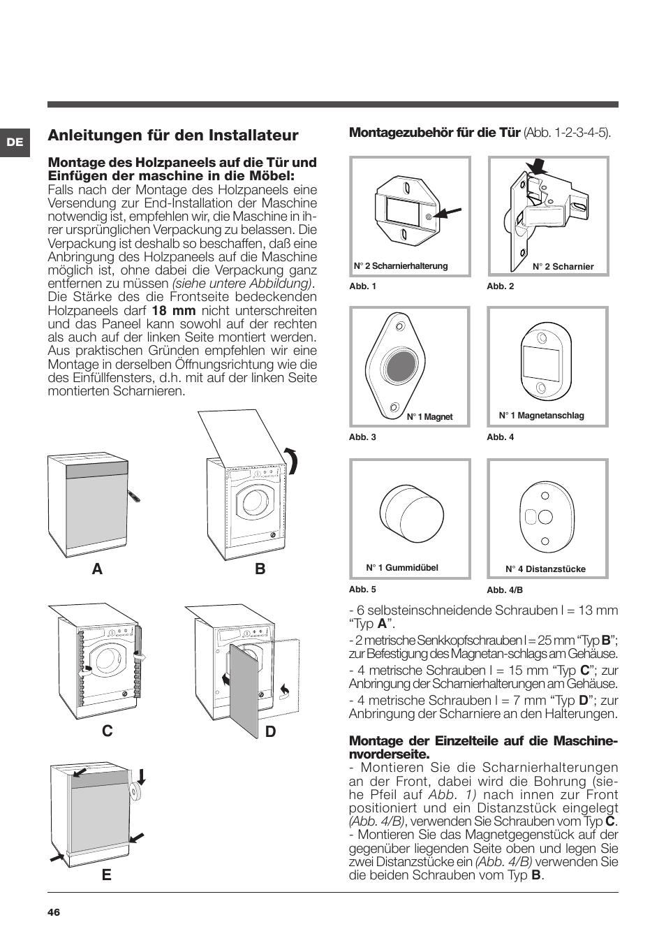 Anleitungen für den installateur, Ab c d e | Hotpoint Ariston CAWD 129 EU User Manual | Page 46 / 72