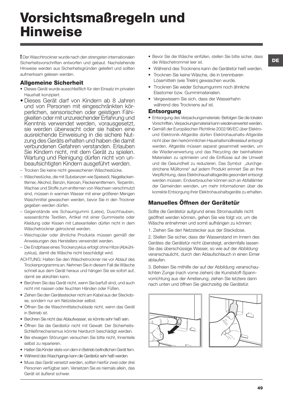 Vorsichtsmaßregeln und hinweise | Hotpoint Ariston CAWD 129 EU User Manual | Page 49 / 72