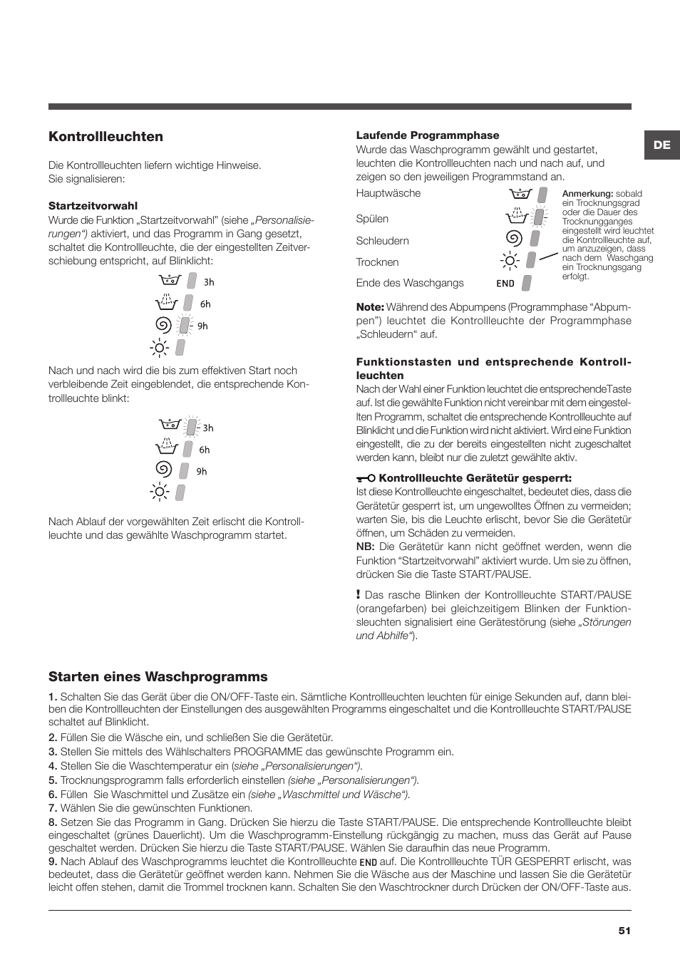 Kontrollleuchten, Starten eines waschprogramms | Hotpoint Ariston CAWD 129 EU User Manual | Page 51 / 72
