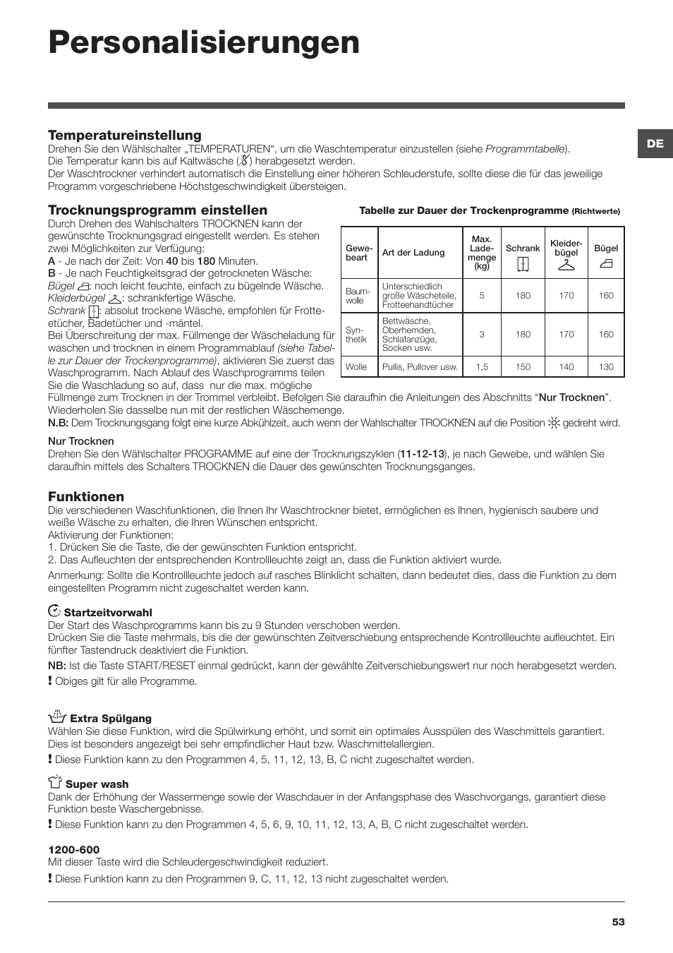 Personalisierungen, Temperatureinstellung, Trocknungsprogramm einstellen | Funktionen | Hotpoint Ariston CAWD 129 EU User Manual | Page 53 / 72
