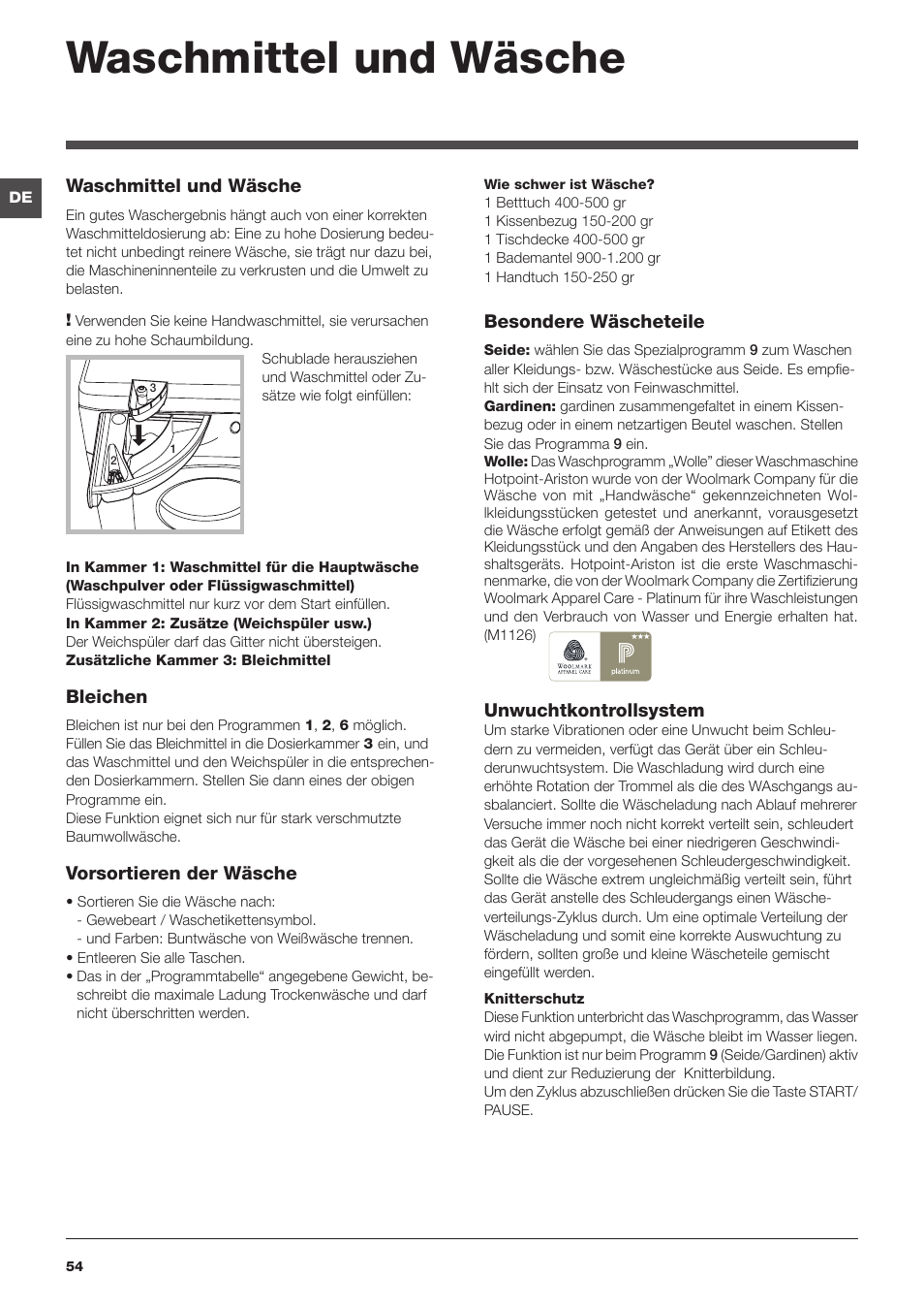 Waschmittel und wäsche | Hotpoint Ariston CAWD 129 EU User Manual | Page 54 / 72