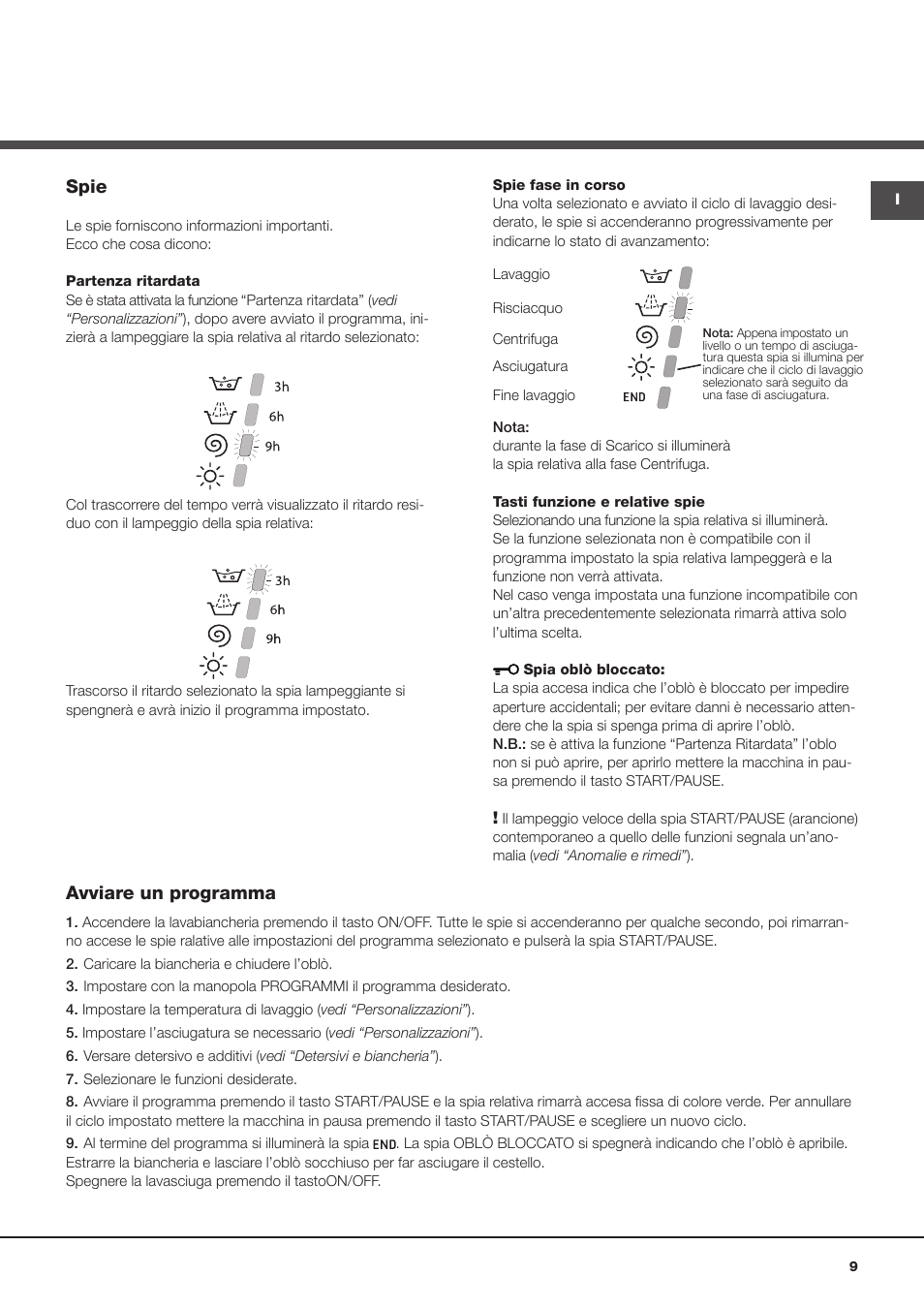 Spie, Avviare un programma | Hotpoint Ariston CAWD 129 EU User Manual | Page 9 / 72