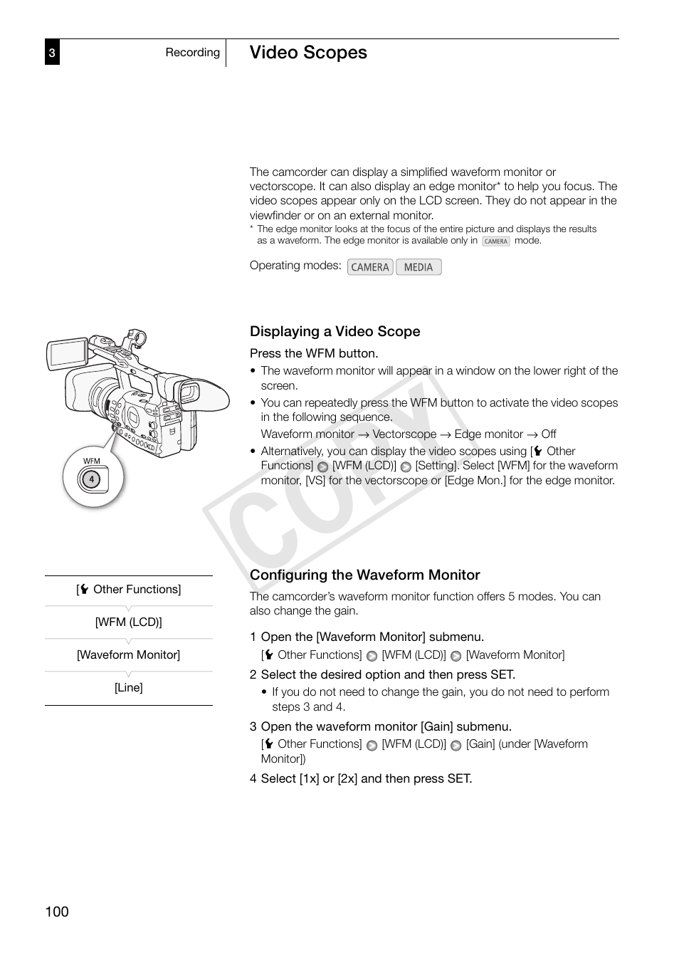 Video scopes, Displaying a video scope, Configuring the waveform monitor | 100), the co, Video scopes 100, Displaying a video scope 100, Configuring the waveform monitor 100, Cop y | Canon XF305 User Manual | Page 100 / 217